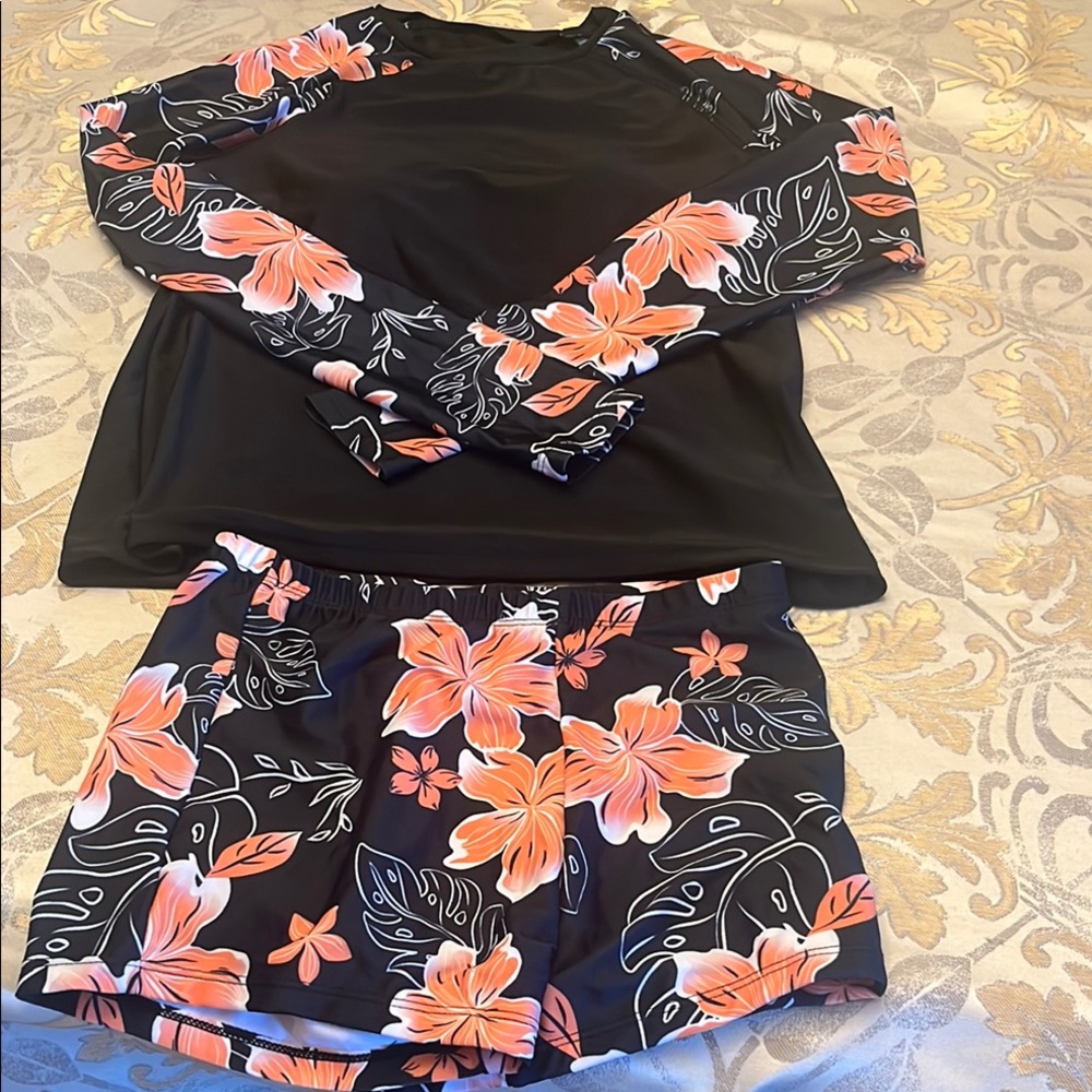 Floral Black and Orange Swim Set NWOT